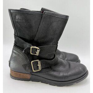 Sorel Major Moto Black and Red Plaid Boots Belted Comfort Low Wedge See Measurem